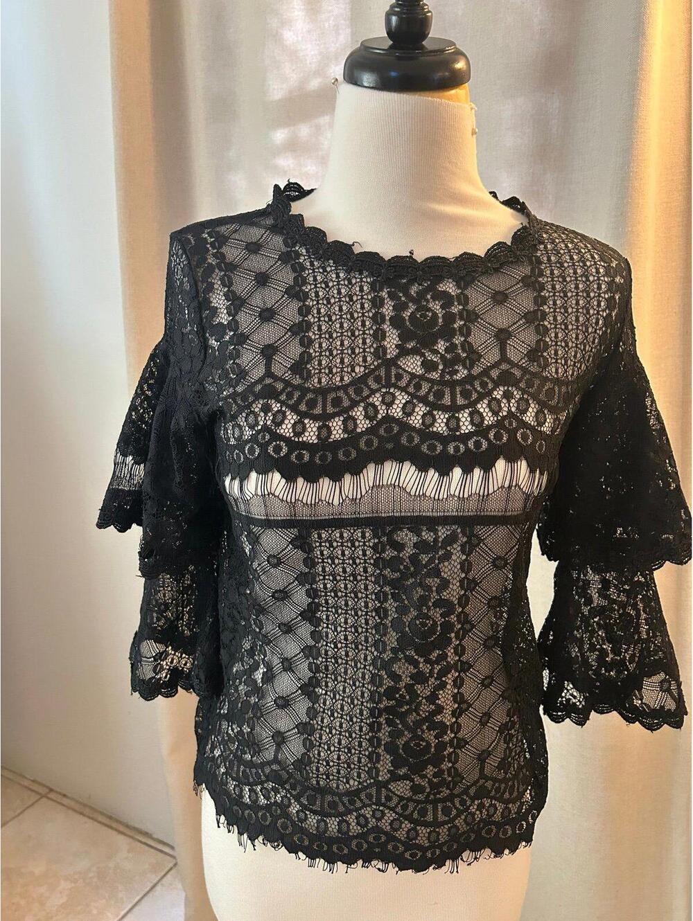Dolly Varden Black Sheer Lace Blouse Flutter Sleeves Peplum Coquette Korean S/M